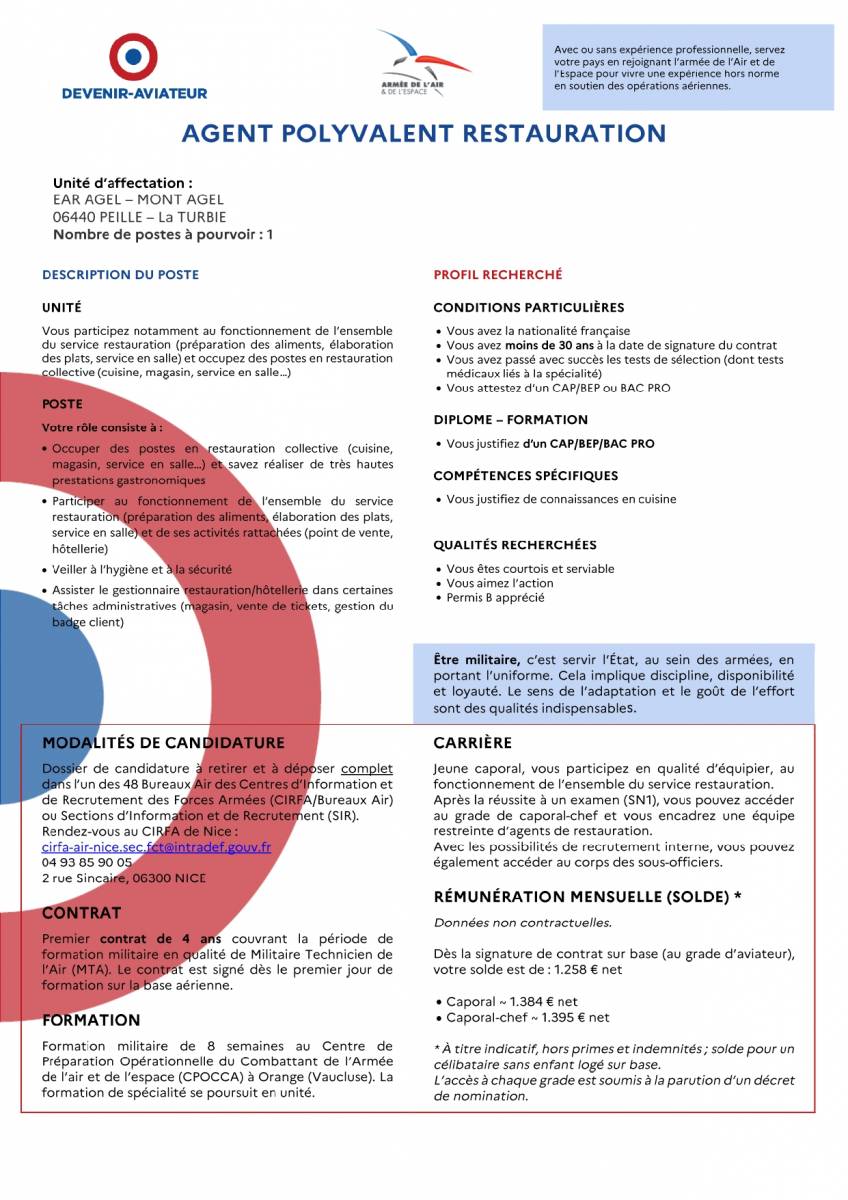 Poste d'agent polyvalent restauration à Nice dans les Alpes Maritimes